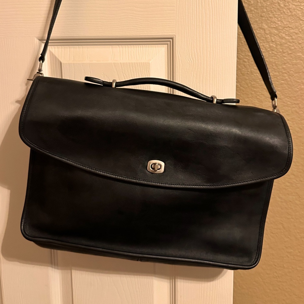 Vintage Coach Lexington Briefcase Messanger Bag Black Leather Silver Turnlock